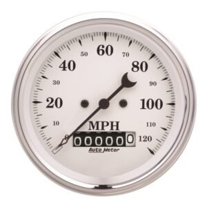 AutoMeter Gauge Speedo. 3-3/8in. 120MPH Elec. Prog. W/ Wheel Odo Old Tyme White