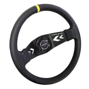 NRG Reinforced Steering Wheel (350mm / 3in Deep) Blk Leather w/NRG Arrow-Cut 2-Spoke & Sgl Yellow CM