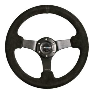 NRG Reinforced Steering Wheel (330mm / 3in Deep) Blk Suede w/Criss Cross Stitch w/Blk 3-Spoke Center