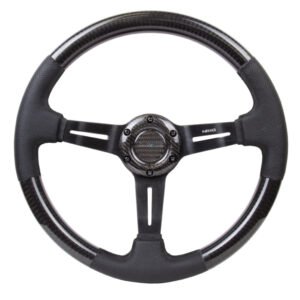 NRG Carbon Fiber Steering Wheel (350mm / 1.5in. Deep) Leather Trim w/Blk Stitch & Slit Cutout Spokes