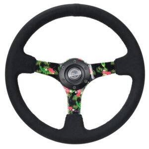 NRG Reinforced Steering Wheel (350mm / 3in. Deep) Black Suede w/ 5mm Floral 3-Spoke Center