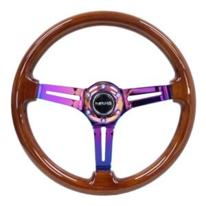 NRG Reinforced Steering Wheel (350mm / 3in. Deep) Brown Wood w/Blk Matte Spoke/Neochrome Center Mark