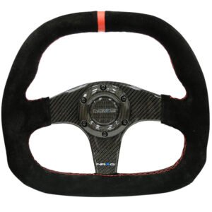 NRG Carbon Fiber Steering Wheel (320mm) Flat Btm. Blk Suede/Red Stitch w/CF Spokes & Red Center Mark