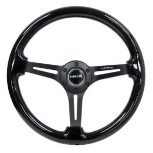 NRG Reinforced Steering Wheel (350mm / 3in. Deep) Blk Wood w/Blk Matte Spoke/Black Center Mark