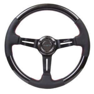 NRG Carbon Fiber Steering Wheel (350mm /1.5in. Deep) Leather Trim w/Red Stitch & Slit Cutout Spokes