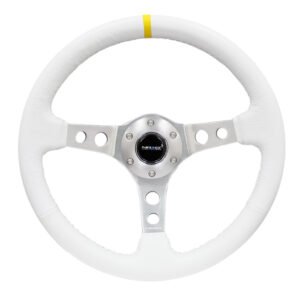 NRG Reinforced Steering Wheel (350mm / 3in. Deep) Wht Leather w/Silver Spoke & Single Yellow Mark