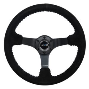 NRG Reinforced Steering Wheel (350mm / 3in. Deep) Blk Suede/Silver BBall Stitch w/5mm Mt. Blk Spokes