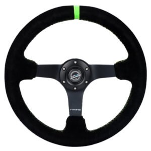 NRG Reinforced Steering Wheel 350mm/3in. Deep Blk Suede/ Neon Green Stitch w/5mm Matte Black Spoke