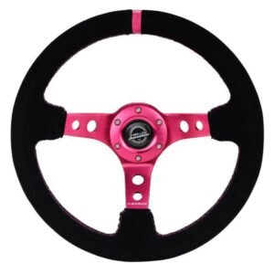 NRG Reinforced Steering Wheel (350mm/ 3in. Deep) Black Suede/ Fushia Center Mark/ Fushia Stitching