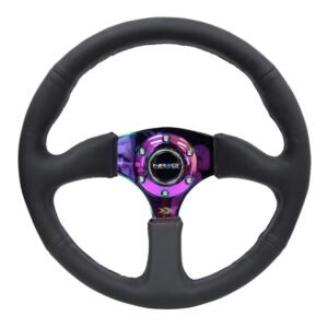 NRG Reinforced Steering Wheel (350mm / 2.5in. Deep) Leather Race Comfort Grip w/4mm Neochrome Spokes