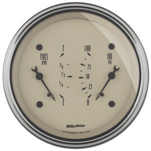 AutoMeter Gauge Dual Fuel & Oilp 3-3/8in. 0 Ohm(e) to 90 Ohm(f)& 100PSI Elec Antq Beige
