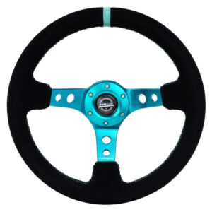 NRG Reinforced Steering Wheel (350mm/ 3in. Deep) Black Suede/ Teal Center Mark/ Teal Stitching