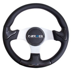NRG Carbon Fiber Steering Wheel (350mm) Silver Frame Blk Stitching w/Rubber Cover Horn Button
