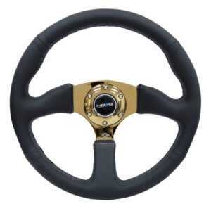 NRG Reinforced Steering Wheel (350mm / 2.5in. Deep) Leather Race Comfort Grip w/4mm Gold Spokes