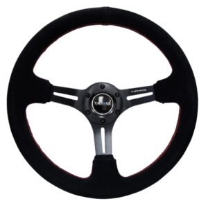 NRG Reinforced Steering Wheel (350mm / 3in. Deep) Blk Suede w/Red Stitching & 5mm Spokes w/Slits