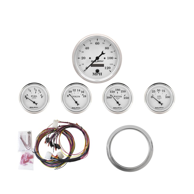 Autometer Old Tyme White 5 Piece Kit (MPH/FUEL/OILP/WTMP/BAT) 59-60 Chevy Car Direct-Fit Dash Kit