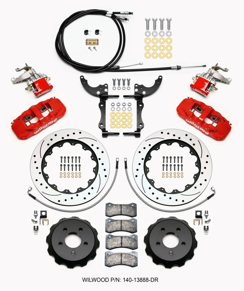 Wilwood AERO4 / MC4 Rear Kit 14.00 Drilled Red 15-23 Mustang w/Lines & Cables